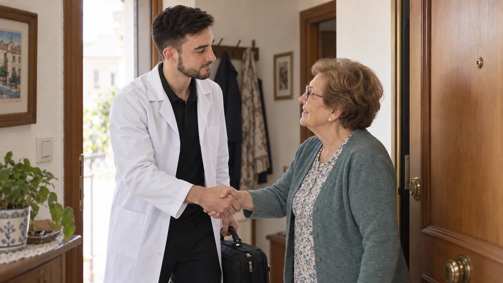 Antonio Merlo llegando a un domicilio con su maletín de podología