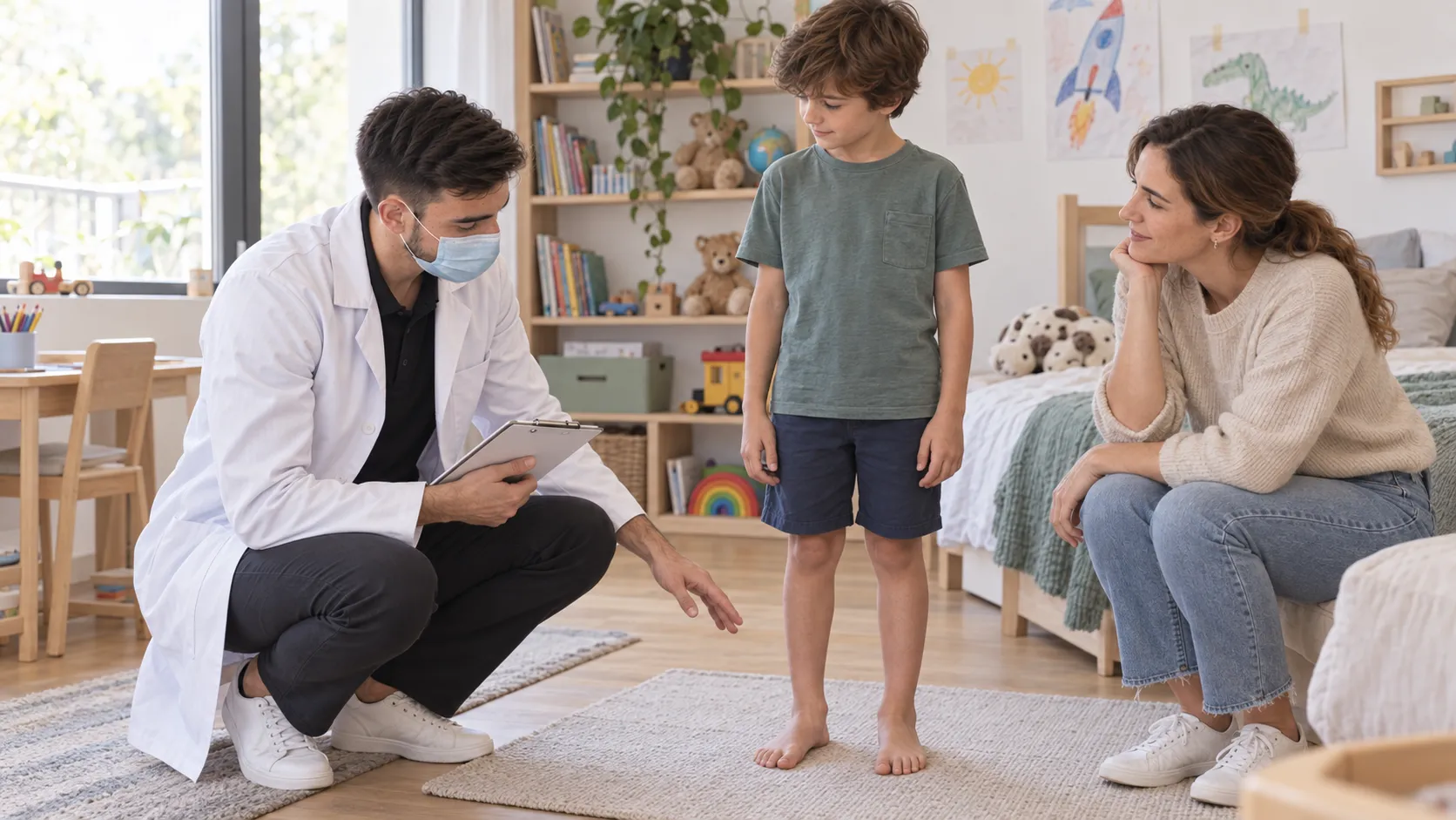 Antonio Merlo valorando la postura de un niño con su madre presente